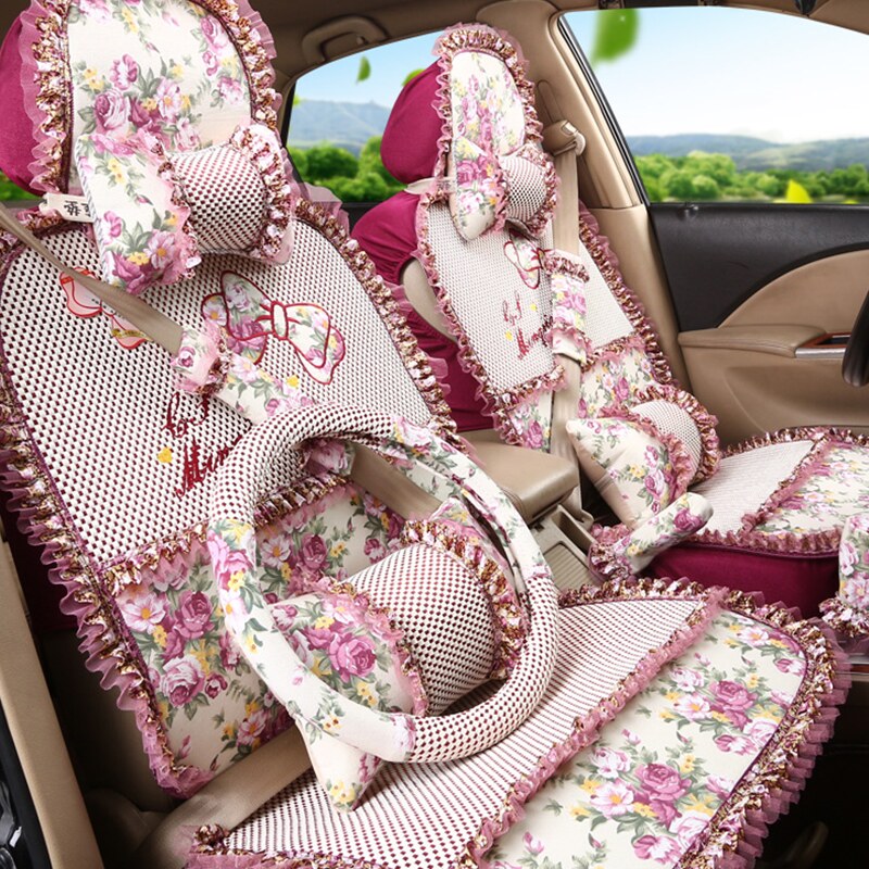 汽车坐垫夏季可爱卡通蕾丝碎花田园冰丝亚麻四季通用女士全包座垫