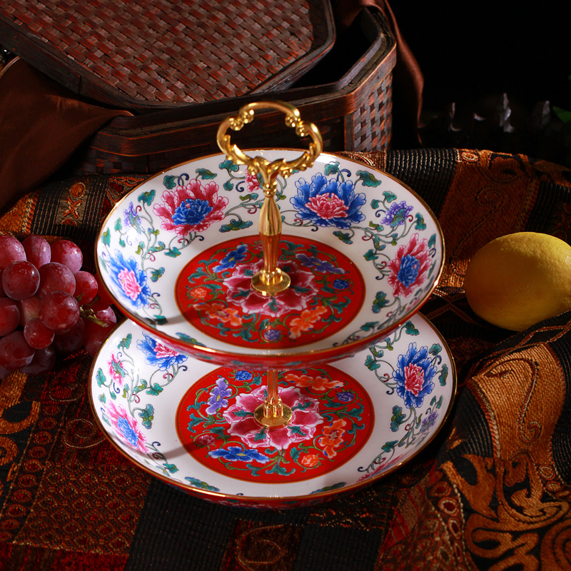 Jingdezhen ceramic colored enamel double layer cake pan European ceramic snack plate afternoon tea fruit bowl dessert plate