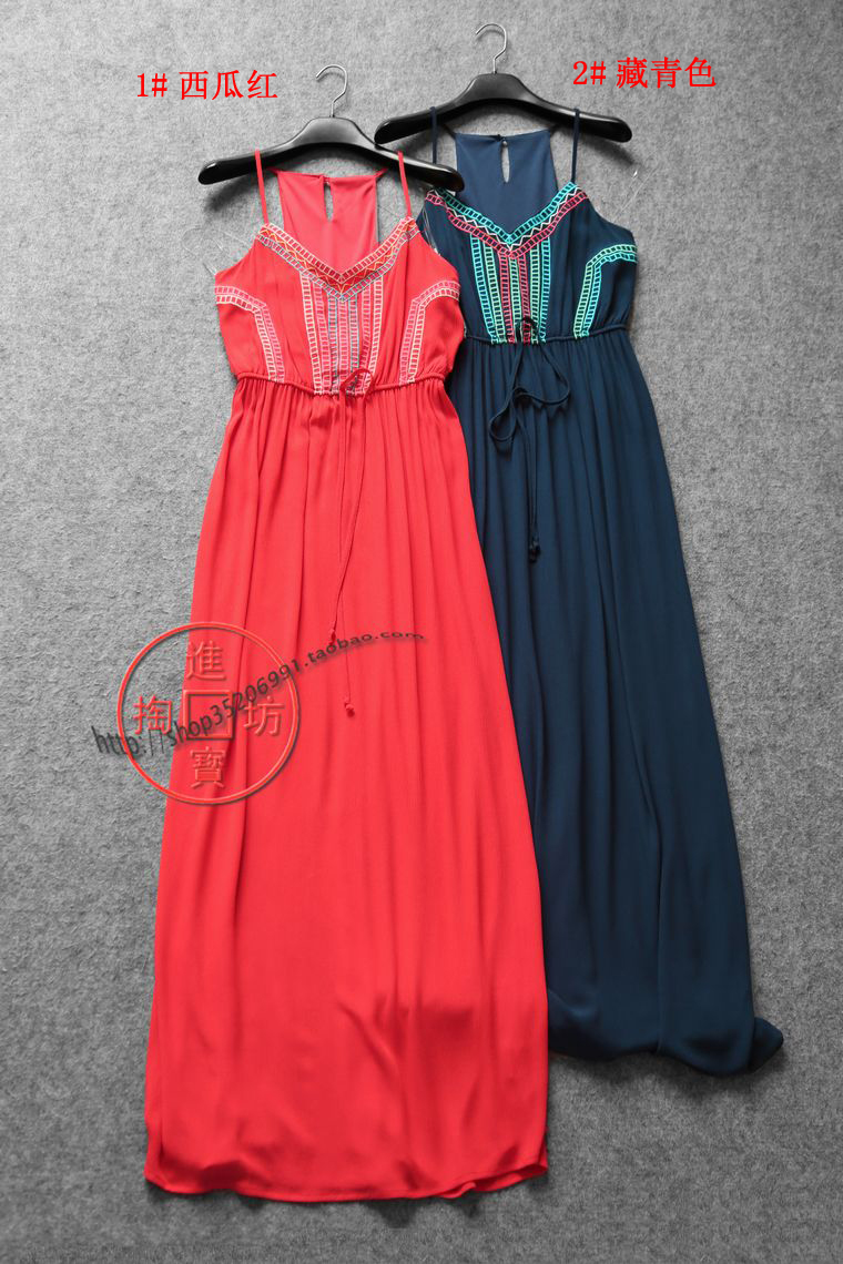 240C 0510 minimalist shoulder strap type full and generous coloured positioning cross-embroidered flutter and ground long dress