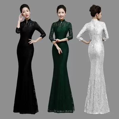 Ole Lan Kwai Fong Long version of elastic cheongsam collar lace middle sleeve hip slim fit fishtail wedding evening dress 20 new