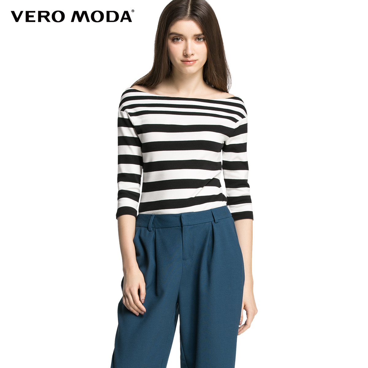 满300用券减30Vero Moda弹力面料条纹七分袖一字领T恤|316130013