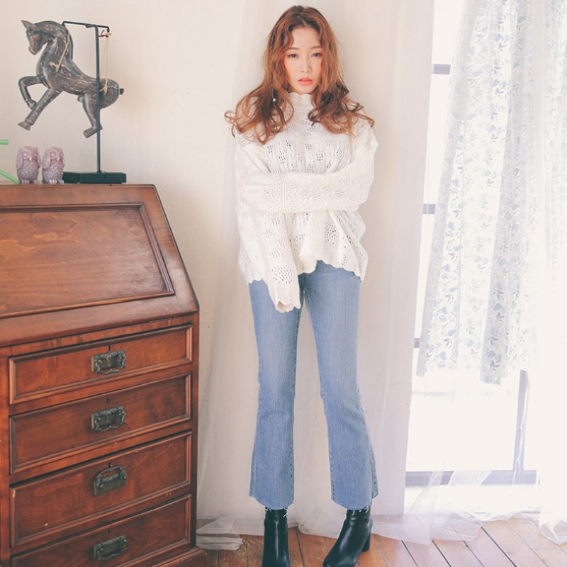 韩国stylenanda官方正品 无锁边裤脚水洗露踝牛仔裤-牛仔蓝色
