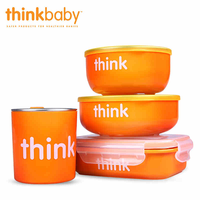 美国 Thinkbaby辛克宝贝 宝宝不锈钢餐具4件/套 粉色橙色蓝色绿色