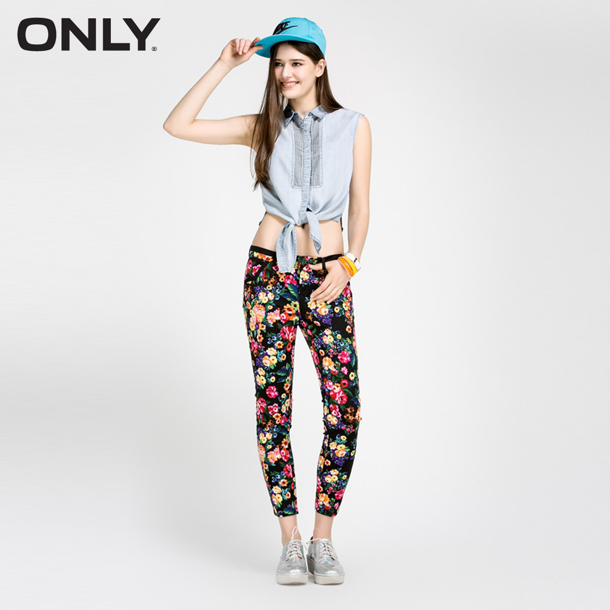ONLY夏装高含棉印花拼接弹力九分裤小脚裤T|115250013