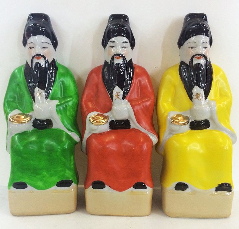 Ceramic Sanguan Ye, Tianguan, Diguan, Water Official, Buddha Statue, Sanguan Emperor, God Statue, Green, Red, Yellow, 10 Inch