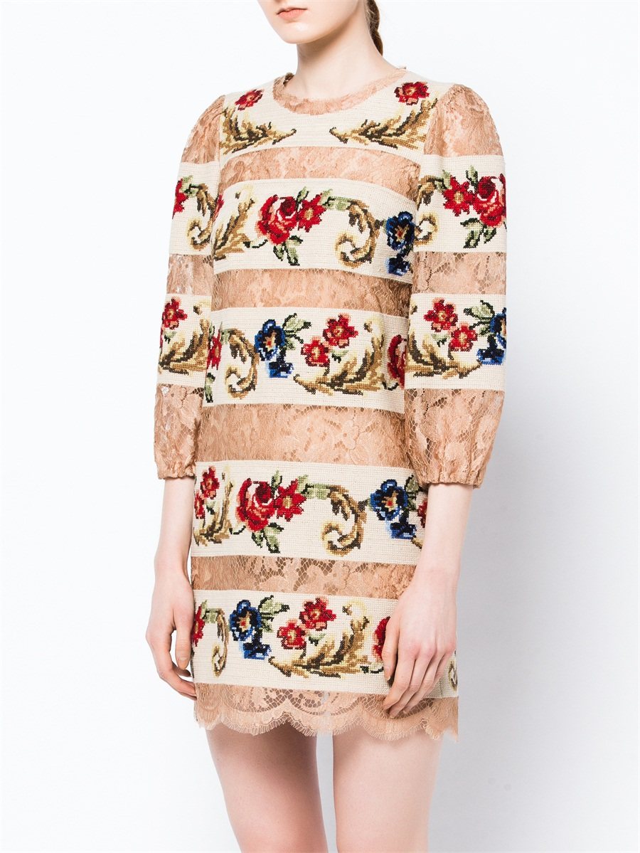 Dolce&Gabbana 拼色蕾丝印花七分袖连衣裙