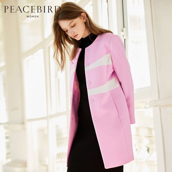 超值 PEACEBIRD 太平鸟 直筒拼色圆领中长款女式羊毛呢大衣 优惠券折后￥179包邮（￥229-50）2色可选