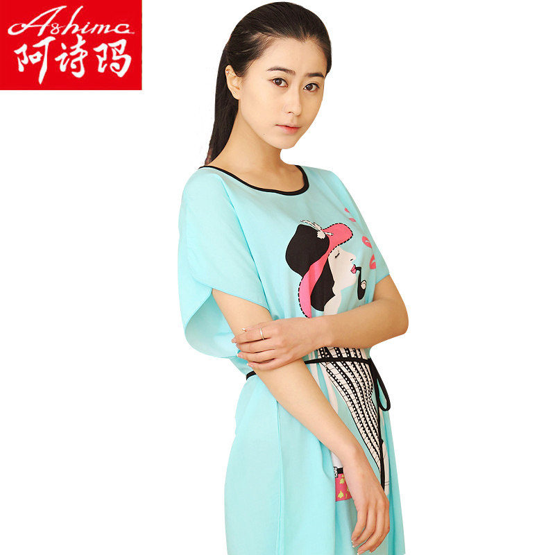 【天猫超市】阿诗玛睡裙女士清爽宽松印花图案显瘦蝴蝶袖系绳睡裙