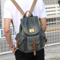 Mens small backpack Denim spring and summer casual retro student Port wind school bag Male personality old travel backpack
