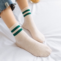 Socks female spring autumn ins tide socks cotton two bar stripes Korean college style sports socks summer thin