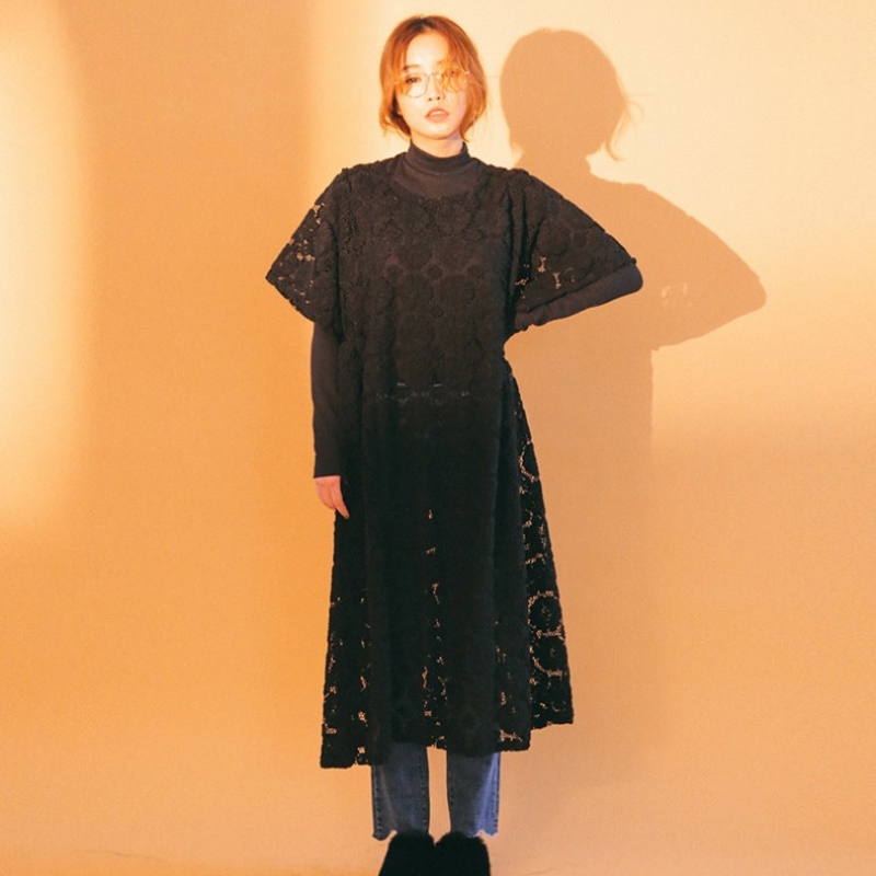 韩国stylenanda官方正品 性感蕾丝提花长款连衣裙-黑色