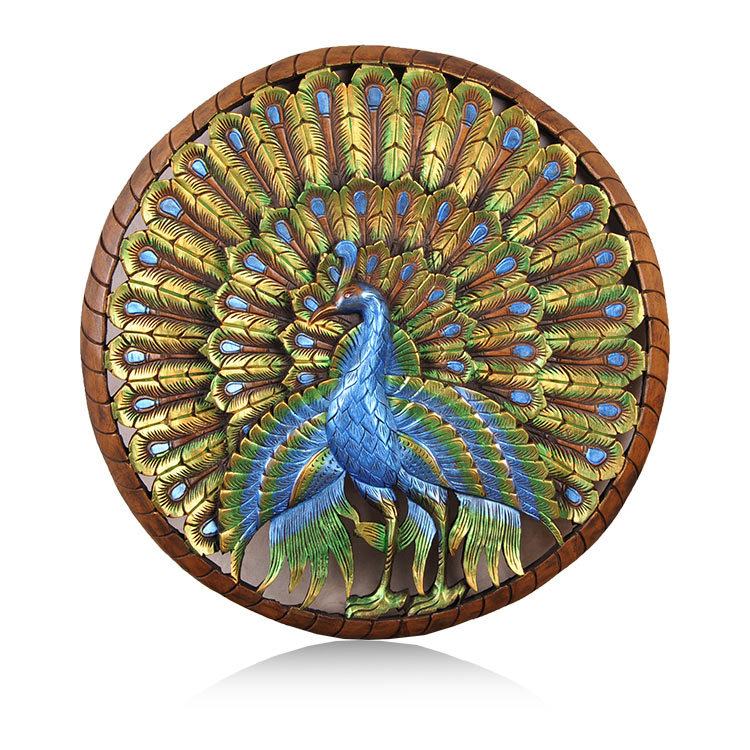 Thailand imported through flower board Southeast Asian home improvement background wall decorative painting handmade teak round peacock carved board