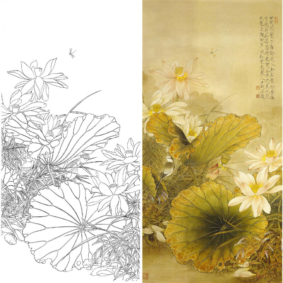 Work Stroke White Sketching Manuscript Four Feet Lotus Hook Thread Physical Print Manuscript 66 * 132 with coloured pattern 004T