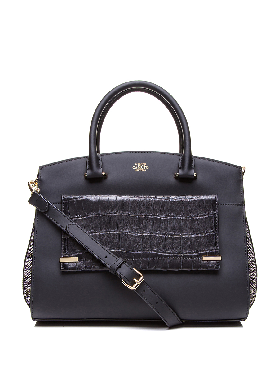 VINCE CAMUTO 黑色动物纹理翻盖饰手提肩包