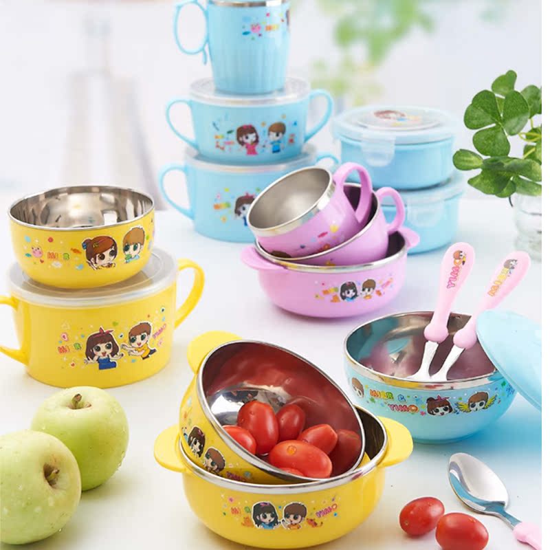 Tableware set baby bowl 304 stainless steel bowl with handle to prevent fall and food supplemented by baby bowl