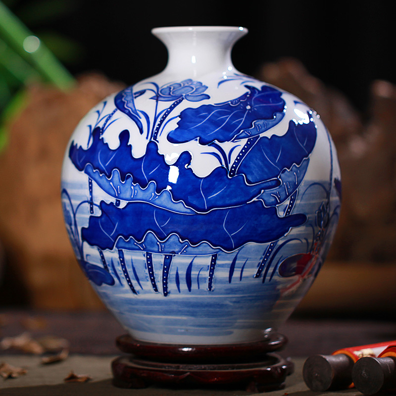Jingdezhen ceramic vase implement green lotus carving rhyme vase modern classical home sitting room adornment handicraft furnishing articles