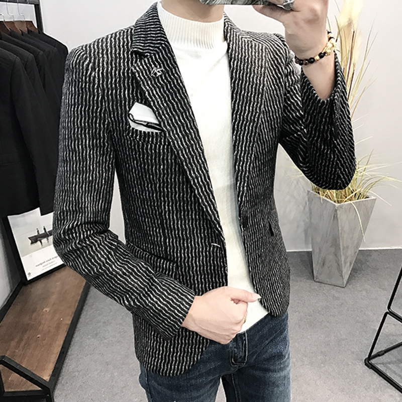 秋冬西服男上衣修身韩版外套 细条纹毛呢男士小西装厚款单西男潮