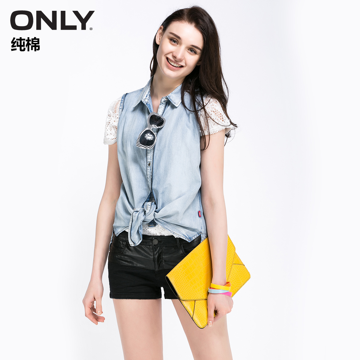 ONLY夏装含棉做旧水洗无袖宽松牛仔衬衫女L|115259002