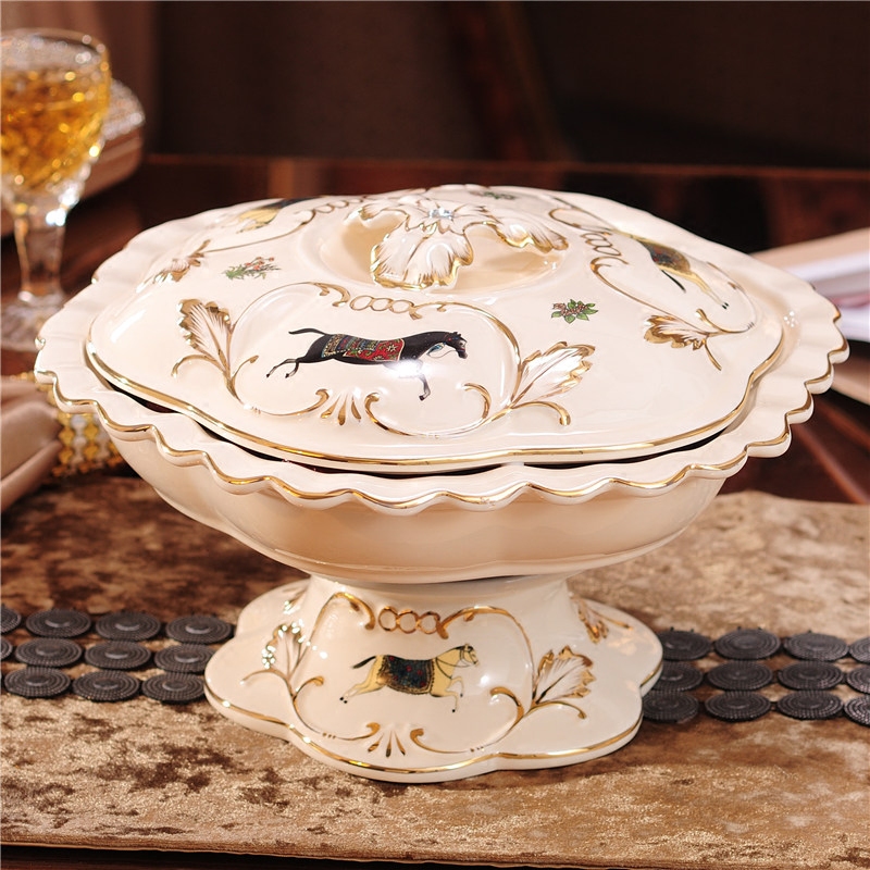 European-style rotatable ceramic dried fruit box with lid wedding candy plate nut plate living room fruit plate decoration
