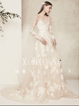 Wedding Dress Gown 2021 New Straight Shoulder Long Sleeves Hollowed-out Princess Dream Sweet Merry Light Wedding Brigade Wedding Bride