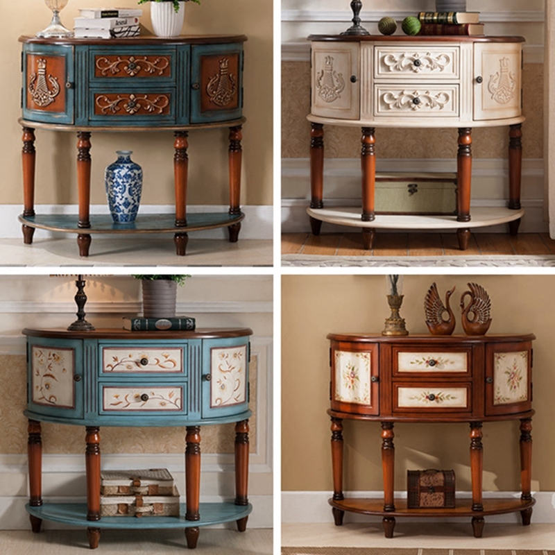 American-style porch table porch table European-style corridor semi-round table table solid wood hand-painted carved color painting depicting the golden room