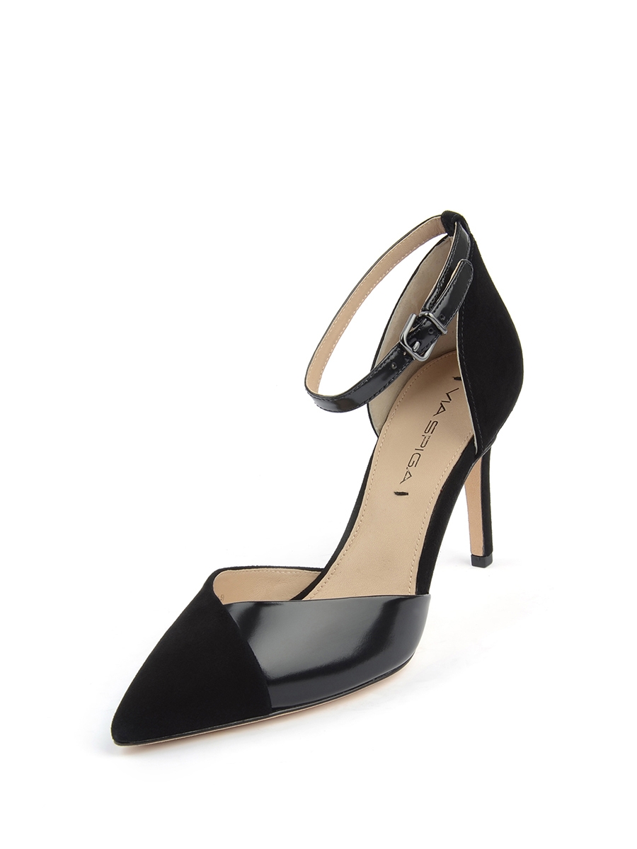 Via Spiga|黑色拼皮拼接踝带设计尖头高跟鞋