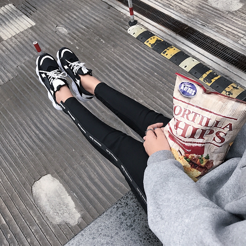 EKOO高腰白边打底裤女外穿韩版秋冬加绒加厚紧身小脚裤黑色铅笔裤