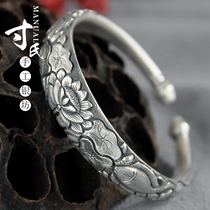 Inch home silver jewelry high craft classic fish opera Lotus deep carving S999 foot silver handmade silver bracelet to send elders friends