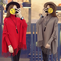 Autumn and winter womens bat shirt loose knitted cloak shawl coat long high neck pullover tassel sweater women