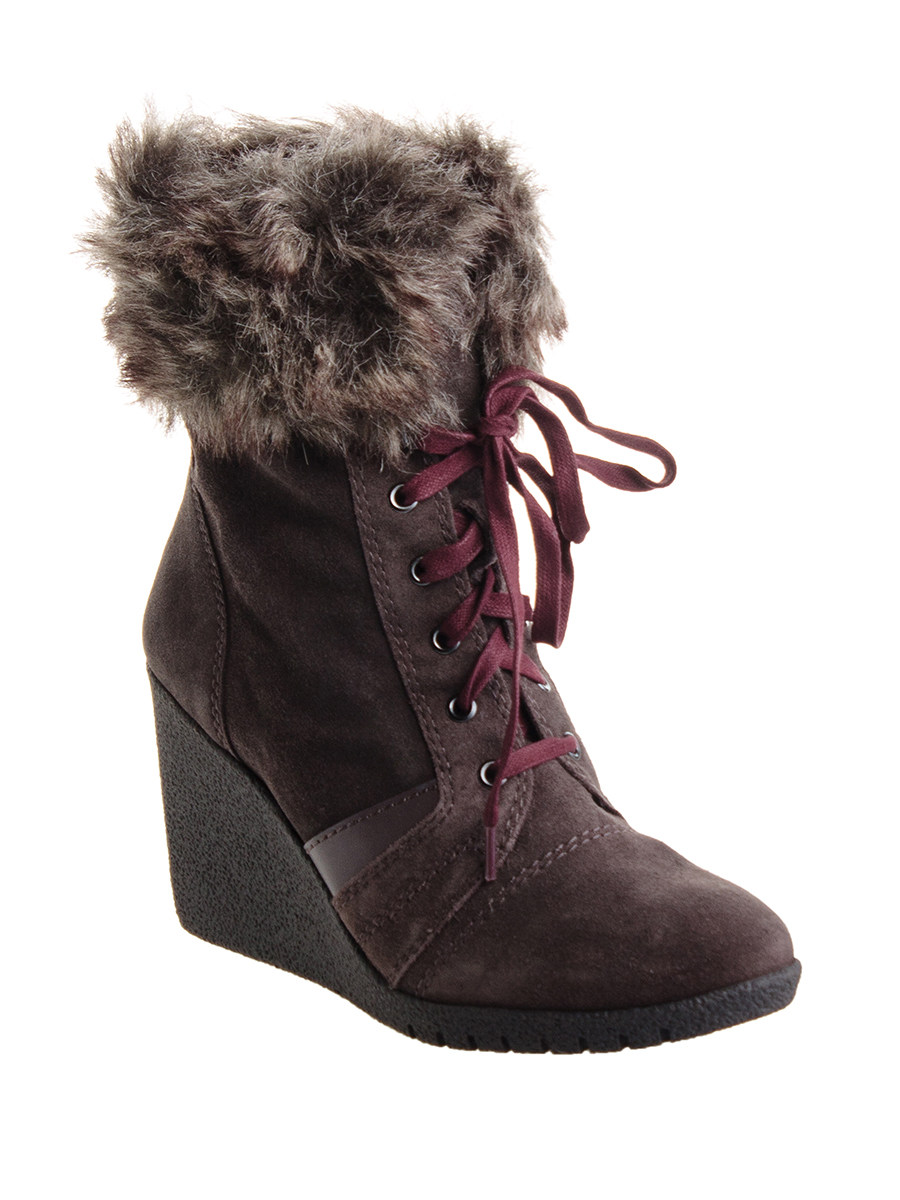 easy spirit 咖红色麂皮质感饰毛系带坡跟靴