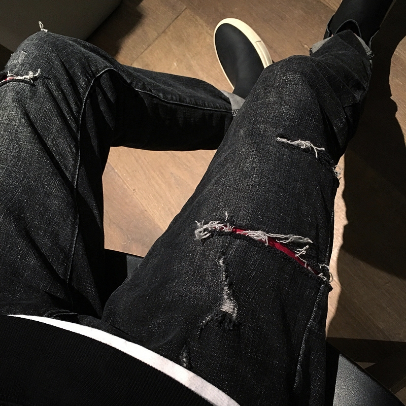 态度 / 别家买不到的 红色内衬刀割破洞 水洗黑色修身牛仔裤 男
