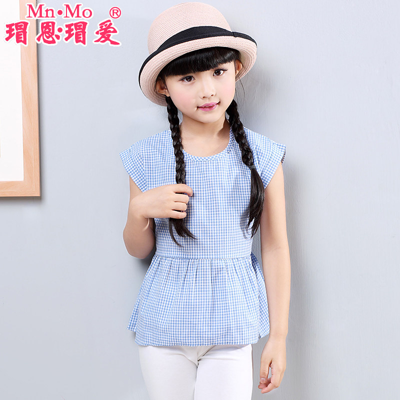 瑁恩瑁爱女童短袖t恤 夏款童装纯棉格子全棉娃娃衫儿童无袖打底衫