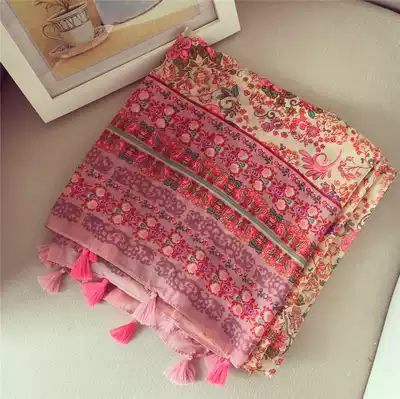 2021 Spring and Autumn national wind cotton linen shawl shawl gauze sunscreen seaside Flower tassel scarf beach silk scarf women