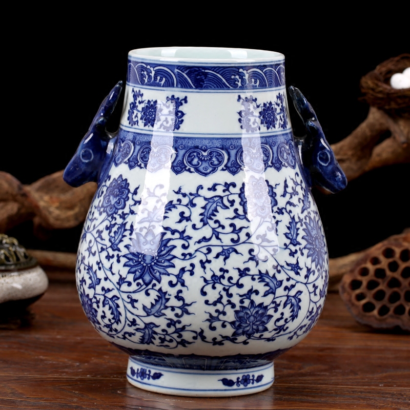 Mesa vase of jingdezhen blue and white ears tie up lotus flower blue and white ceramics modern household decorates sitting room furnishing articles