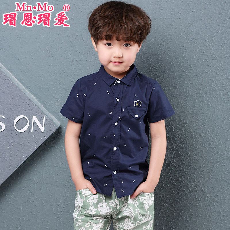 瑁恩瑁爱儿童衬衫男童纯棉翻领上衣宝宝短袖衬衣2016夏季新款童装