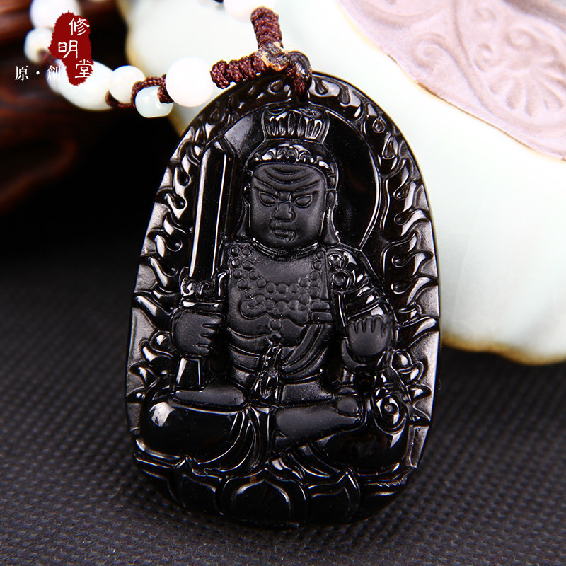 修明堂 开光冰种黑曜石生肖鸡属相鸡守护神本命佛 不动明王吊坠