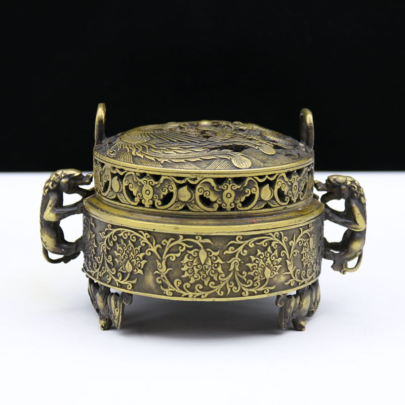 Antique Qianlong furnace Dragon phoenix incense burner pure copper Home incense burner ornaments Pan incense burner to send incense trays