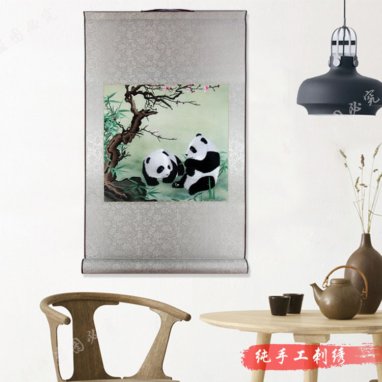 Ou embroidery soft mounted rotating shaft boutique panda gift decorative painting single-sided embroidery pendant pure hand-embroidered painting craft gift decoration