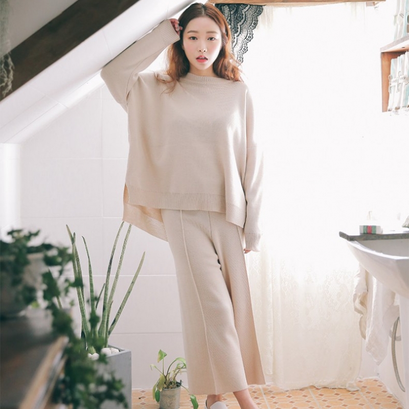 韩国stylenanda官方正品 开衩针织衫和中线点缀针织阔腿裤套装