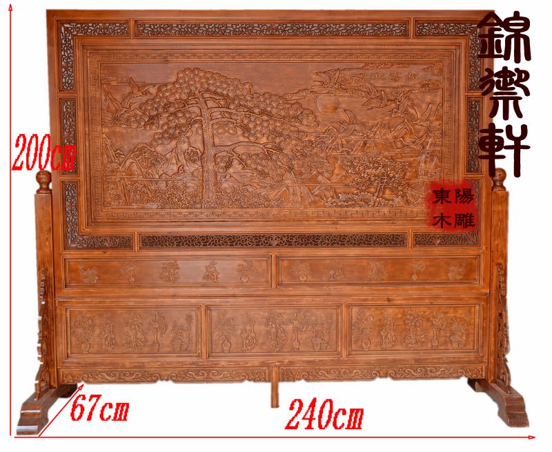 Dongyang wood carving seat screen welcome pine camphor wood insert screen Chinese living room bedroom porch partition solid wood screen