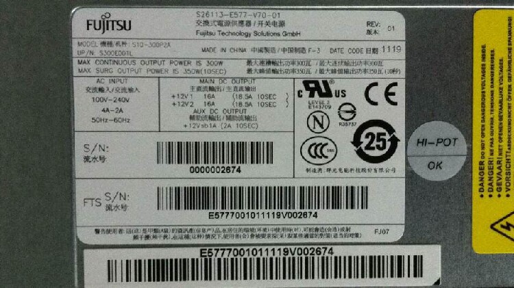 S26113-E577-V70-01 Fujitsu S10-300P2A RX100 S7 300W power