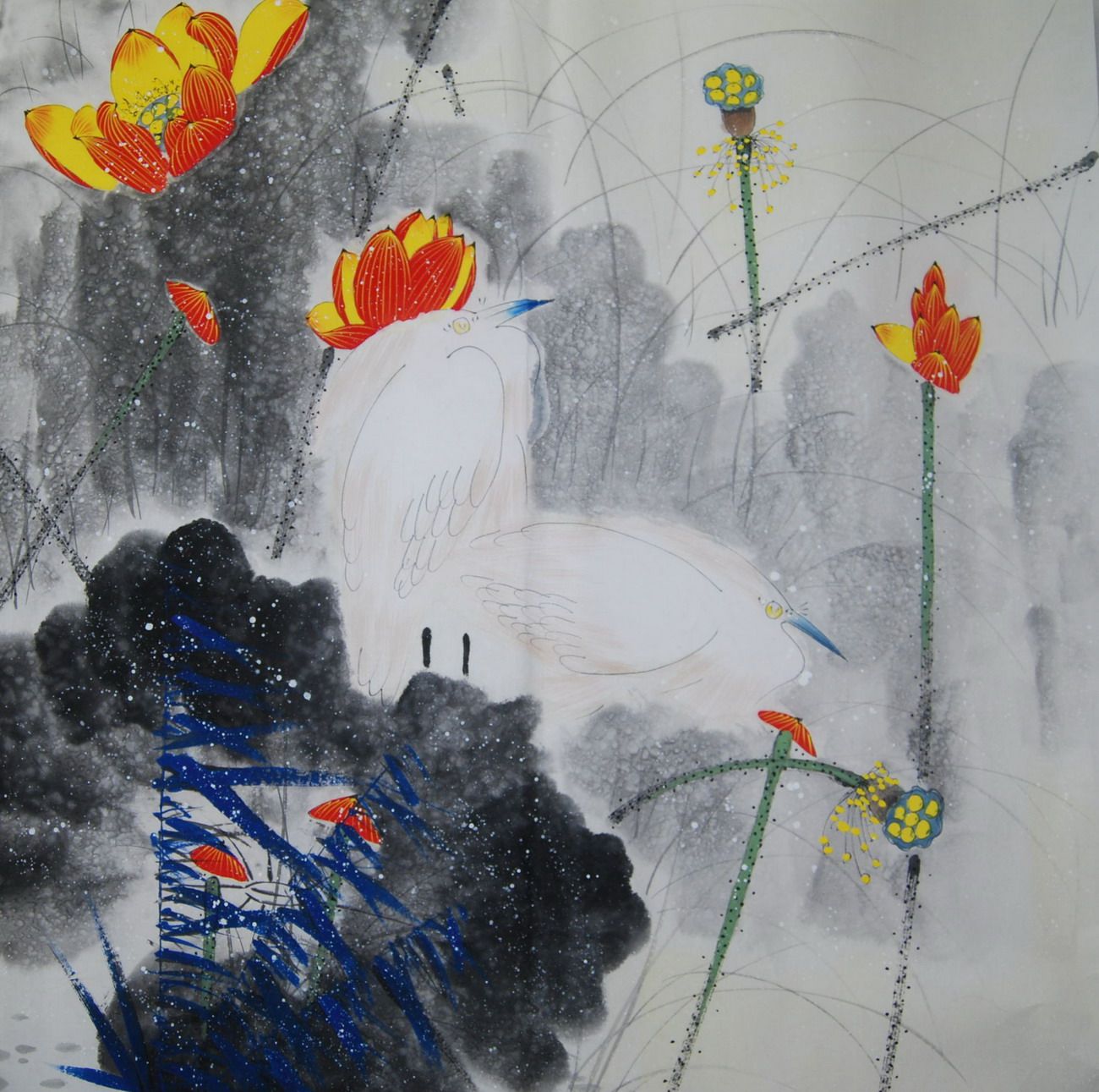 Pure Hand Painted four-ruler Dou Fang Writing of the State Painter Lotus Flowers Bird Painting Book House Dining Room Dining Hall Decoration Hung Painting Calligraphy 34