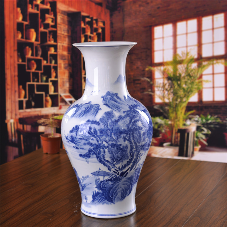 Jingdezhen ceramics landing large vases, antique landscape living room home furnishing articles of blue and white porcelain hotel decoration