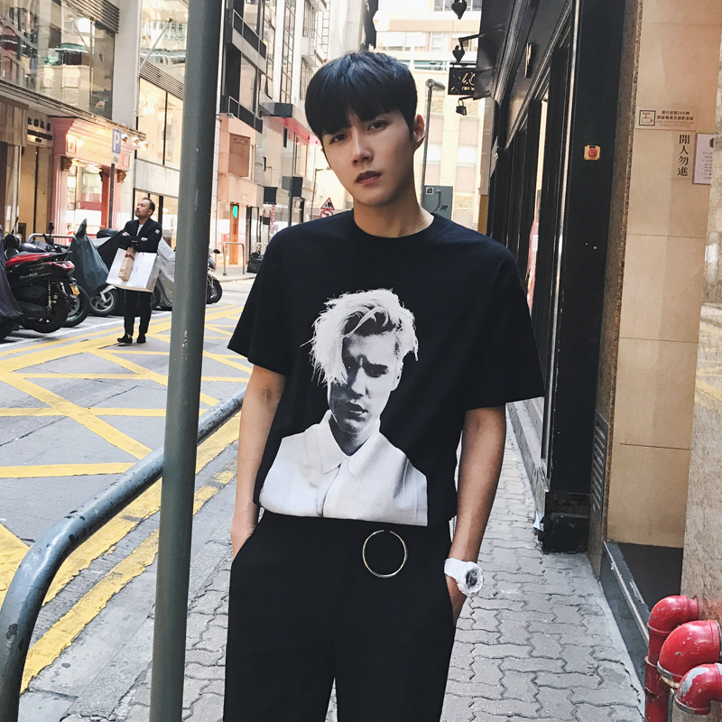 MRCYC男士纯色圆领短袖T恤韩版宽松男人物印花打底衫潮男短袖体恤