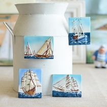 Seaside tourism memorial Hand-painted sailing boat small painting block Resin refrigerator sticker tile Mediterranean decoration small patch