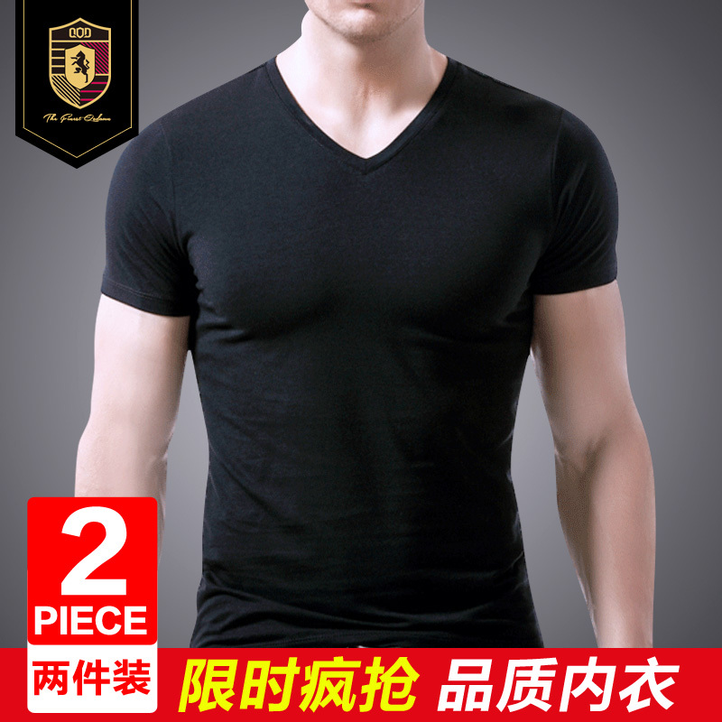 Qiao Dun Men's Modal Short Sleeve T-Shirt V-Neck Base Layer Short Sleeve Slim Fit Summer Sports Sweatshirt Round Neck