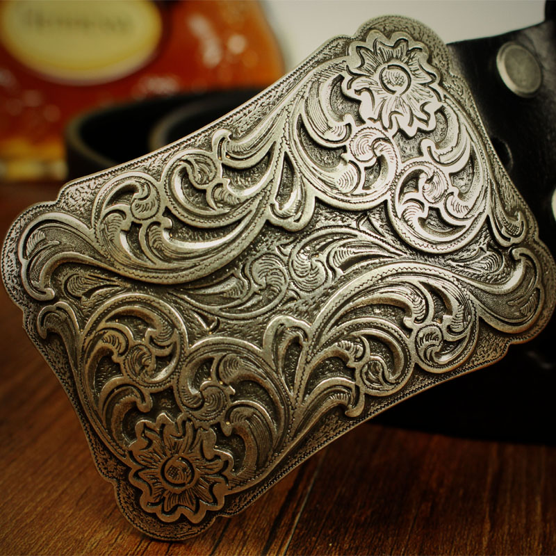 Ancient Silver Head Layer Pure Cow Leather Smooth Buckle Pure Silver Belt Buckle Men Don Grass Flower Pattern Leather Carved Genuine Leather Rivet Belt Buckle