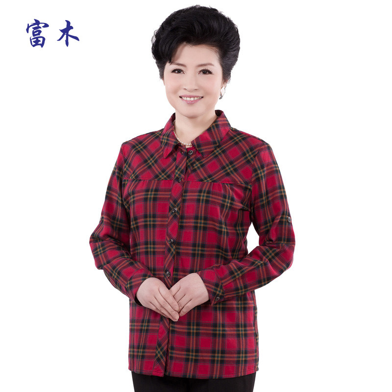 Fumu spring and autumn clothing cotton long-sleeved middle-aged and elderly plaid shirt women stand collar loose casual top CF225N