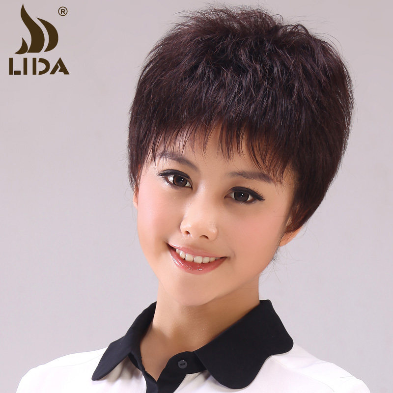利达真发假发 女 短发短直发 真人发丝假发 中老年假发逼真假发套