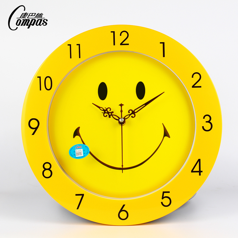Kangba Silk creative wall clock cartoon wall clock Cute yellow smiley face quiet clock sound clock living room wall clock Big quartz clock